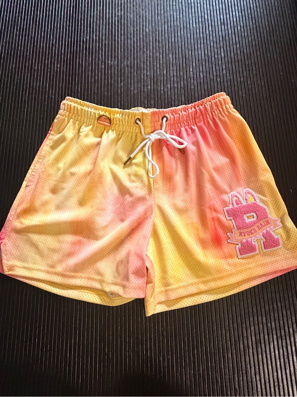 Tie-Dye Yellow Pink Athletic Mesh Shorts with Patch Labubu